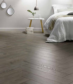Side view of Apolo Grey Engineered Timber Herringbone 15.3mm in Apolo Grey colour neutral tone herringbone flooring sample