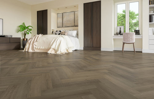 Perspective view of Apolo Grey Engineered Timber Herringbone 15.3mm in Apolo Grey colour neutral tone herringbone flooring sample