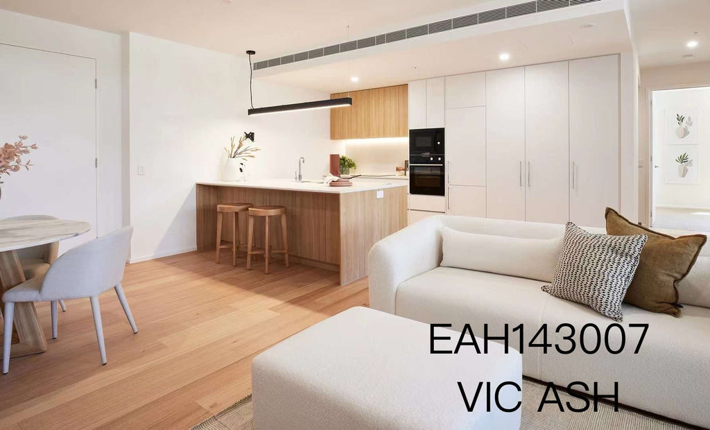 Top-down view of Victoria Ash Australian Hardwood 14.3mm in Victoria Ash colour neutral tone timber flooring sample