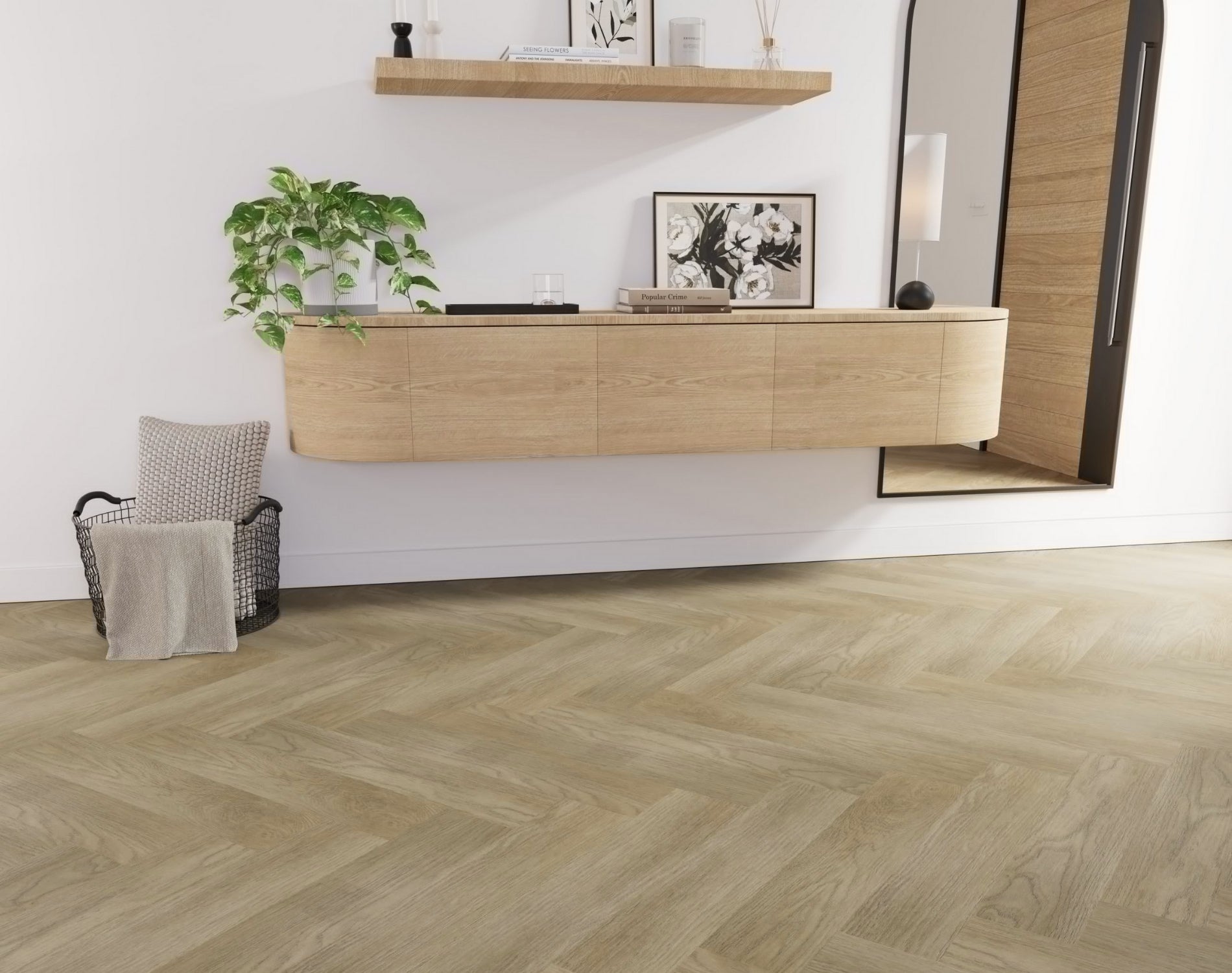 Side view of Lime Ash SPC Hybrid Floorboards Herringbone 7.5+2mm in Lime Ash colour neutral tone herringbone flooring sample