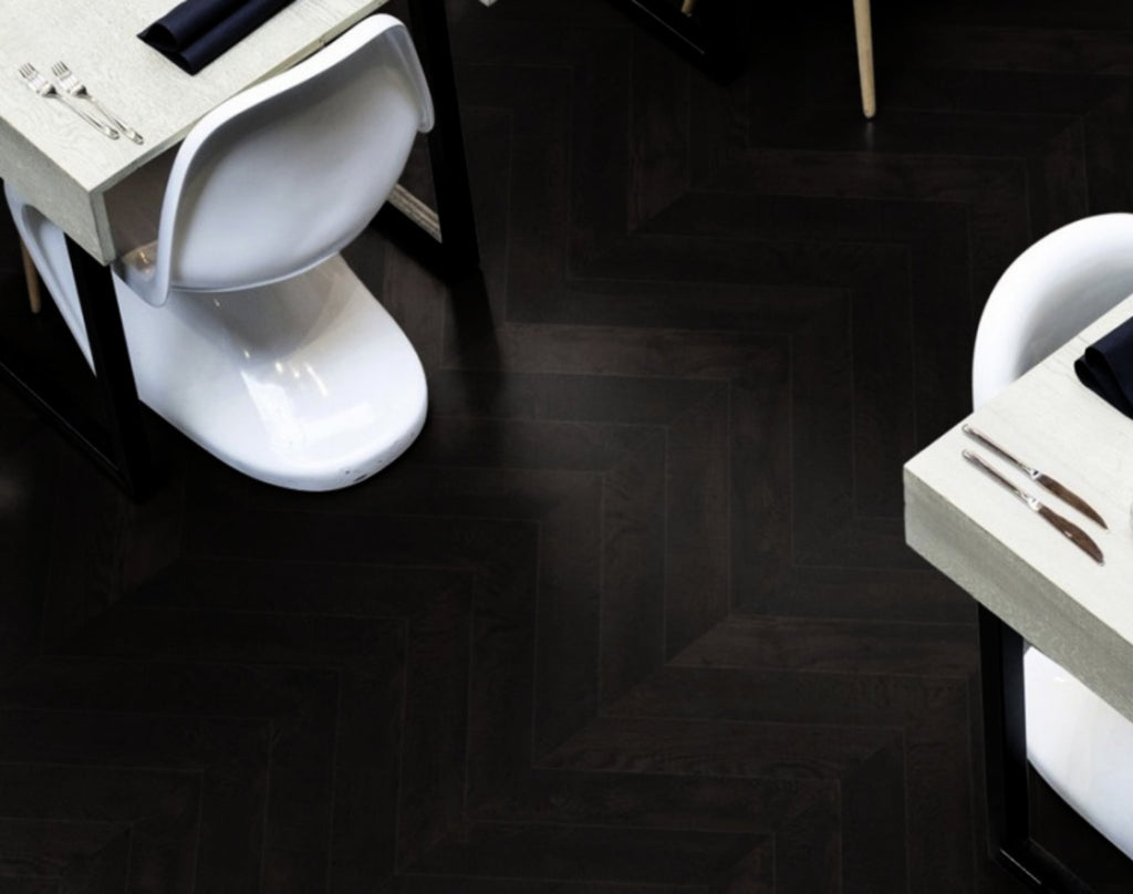 Angled view of Midnight Grey Engineered Timber Plank 15.3mm in Midnight Grey colour dark shade timber flooring sample