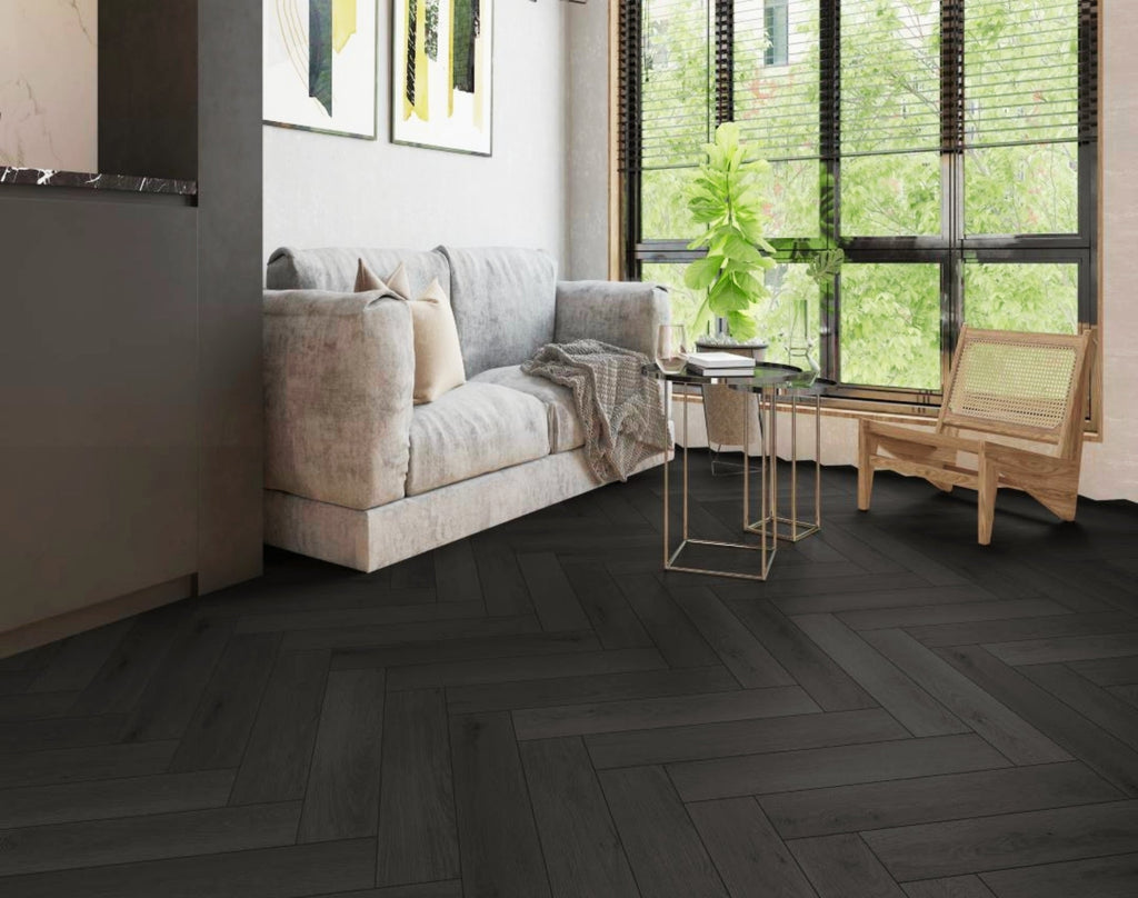 Profile view of Midnight Grey Engineered Timber Herringbone 15.3mm in Midnight Grey colour dark shade herringbone flooring sample
