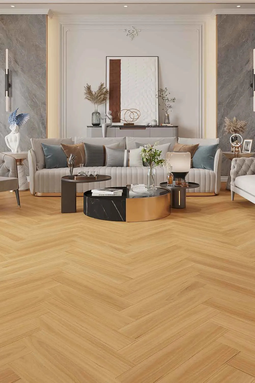 Full view of Natural Blackbutt SPC Hybrid Floorboards Herringbone 7.5+2mm in Natural Blackbutt colour dark shade herringbone flooring sample