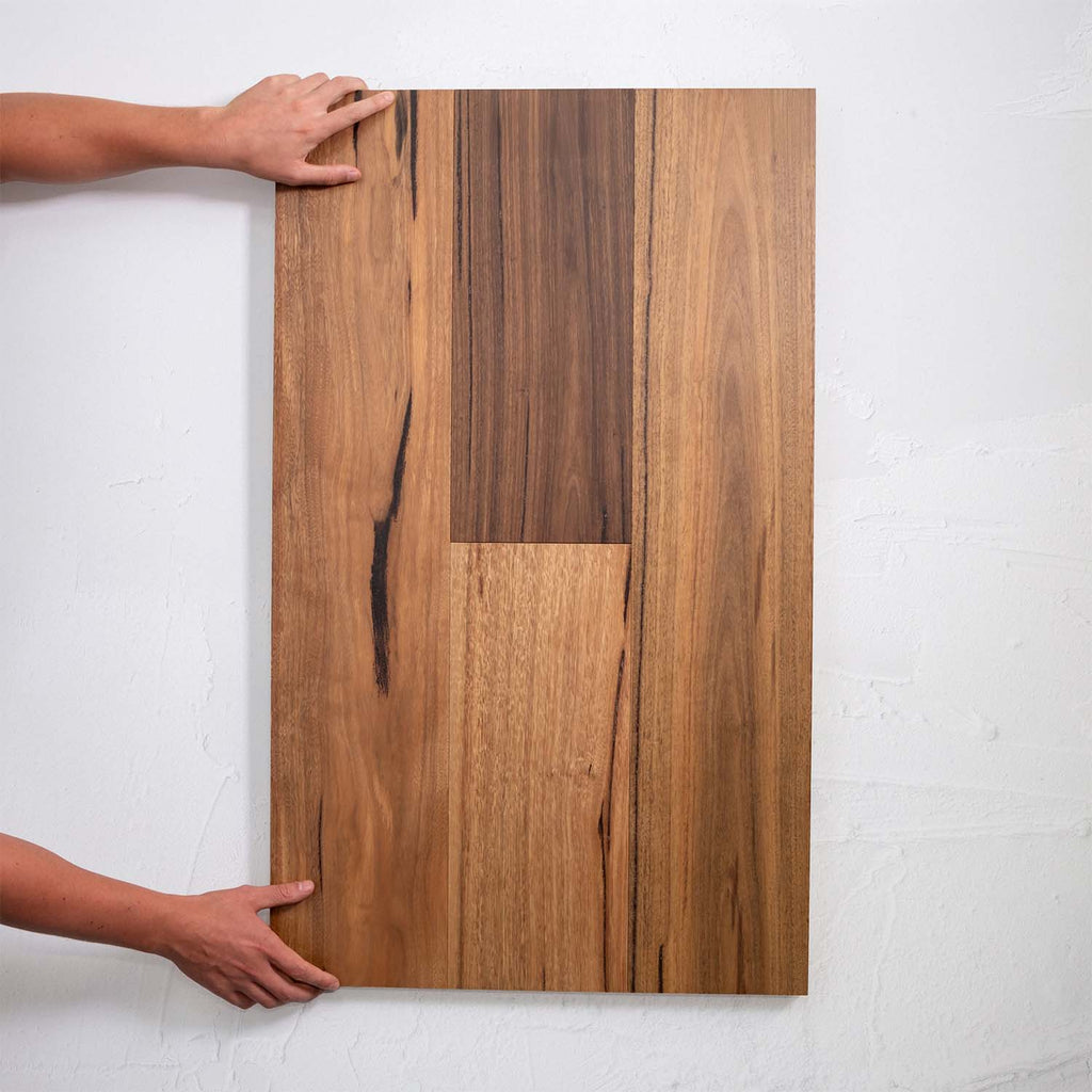 Angled view of Spotted Gum Rustic Australian Hardwood 14/3mm in Spotted Gum colour warm tone timber flooring sample