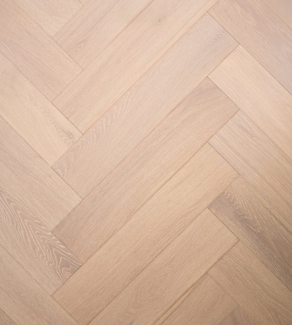 Close-up of Natural Limed Engineered Timber Herringbone 15.3mm in Natural Limed colour warm tone herringbone flooring sample