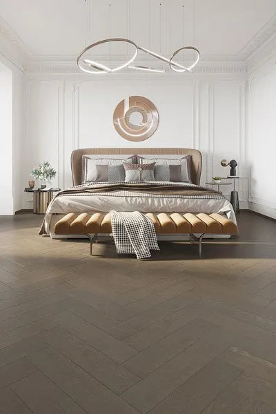 Detailed view of Apolo Grey Engineered Timber Herringbone 15.3mm in Apolo Grey colour neutral tone herringbone flooring sample