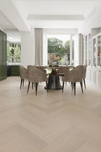 Detailed view of Natural Limed Engineered Timber Herringbone 15.3mm in Natural Limed colour warm tone herringbone flooring sample